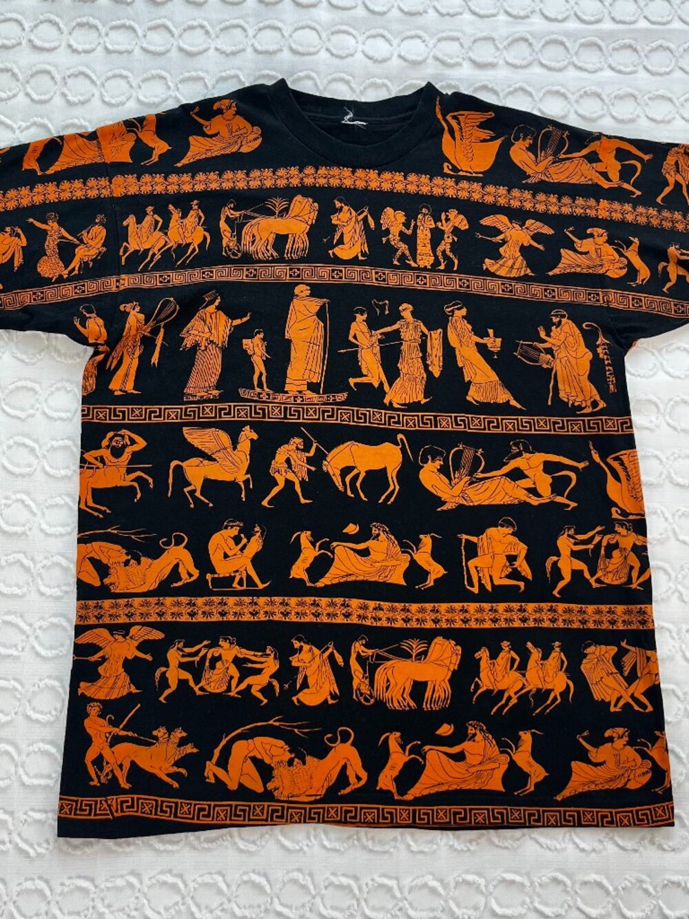 Vintage Greek Mythology All Over Print Shirt XL Single Stitch Black Orange